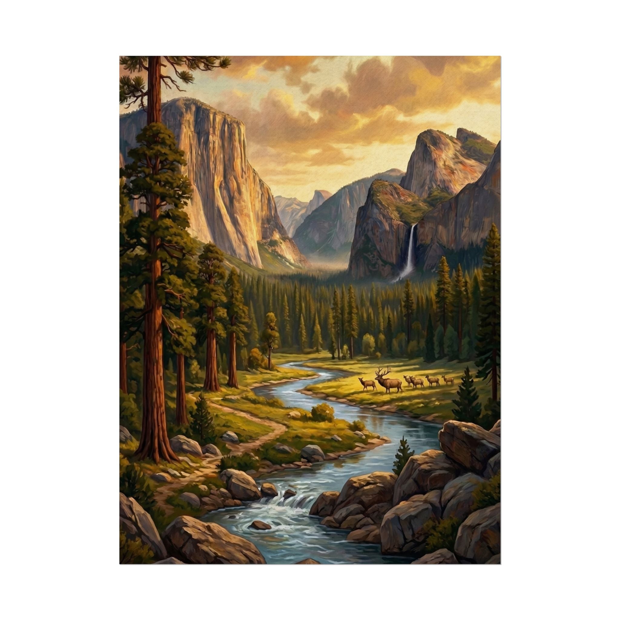 Yosemite Majestic Mountain Valley Poster | Rolled Wall Art, River Landscape Print
