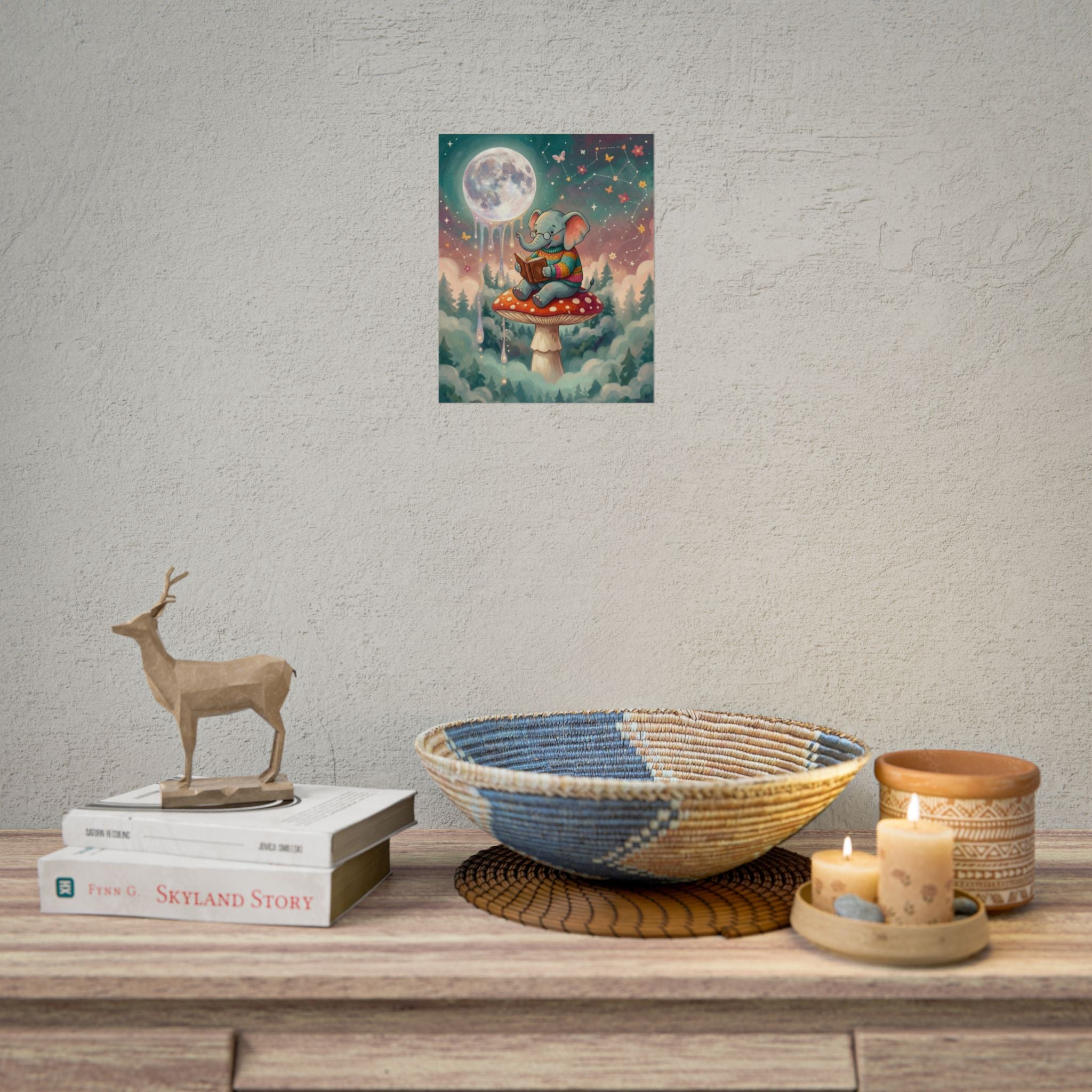 Elephant Reading on Mushroom Rolled Posters | Whimsical Night Sky Illustration