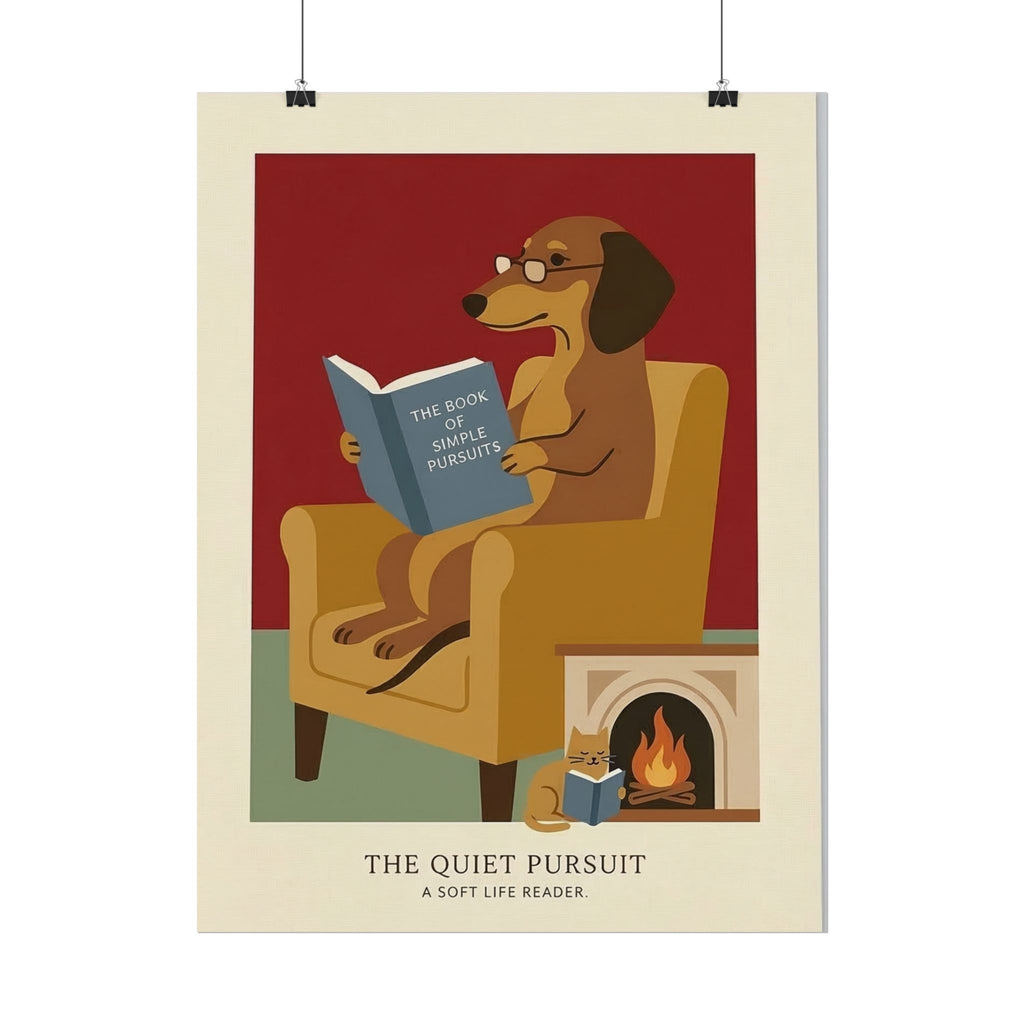 The Quiet Pursuit Reading Dog Rolled Poster | Booklover Wall Art, Fireplace Illustration