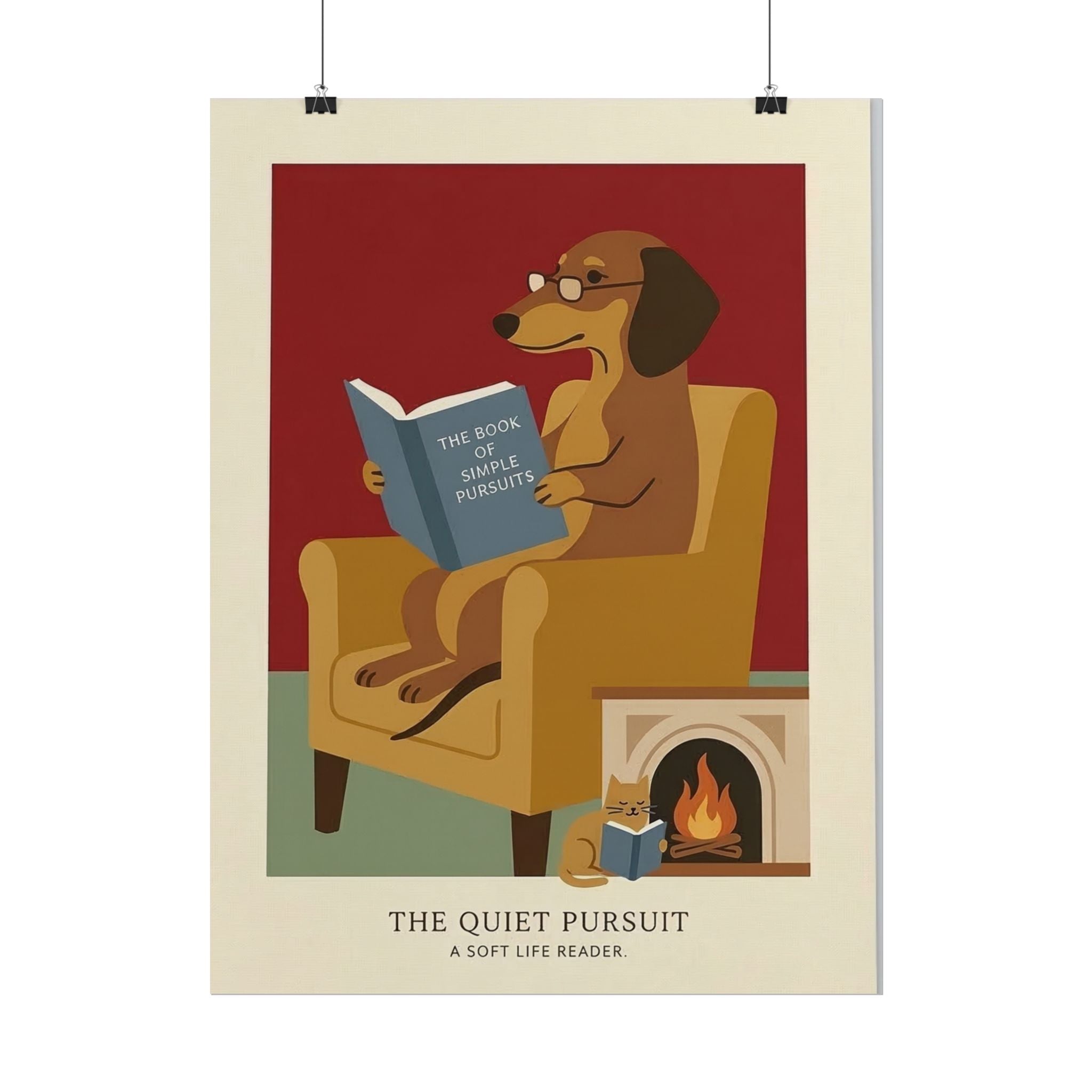 The Quiet Pursuit Reading Dog Rolled Poster | Booklover Wall Art, Fireplace Illustration