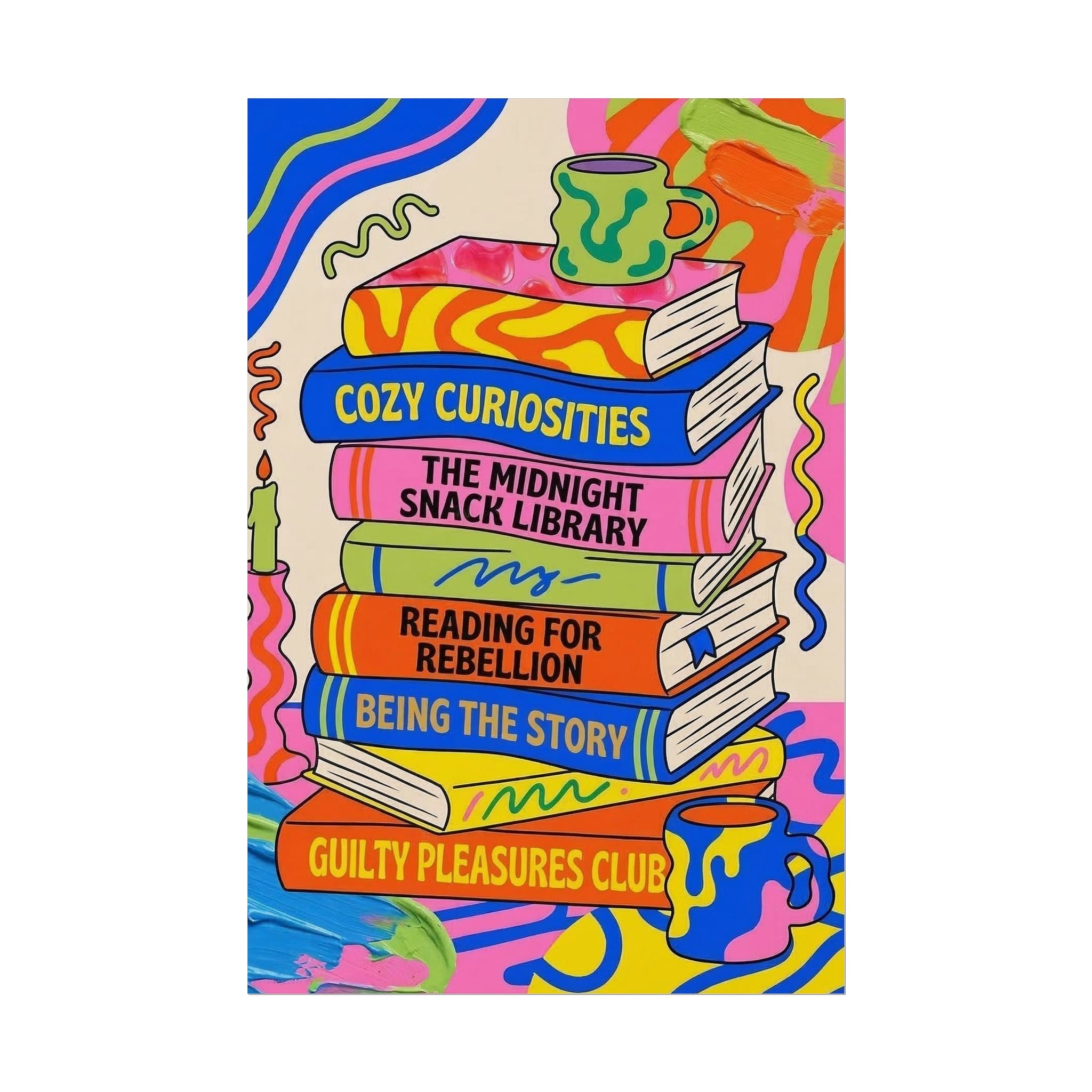 Cozy Curiosities Book Stack Rolled Poster | Colorful Reading Art Print