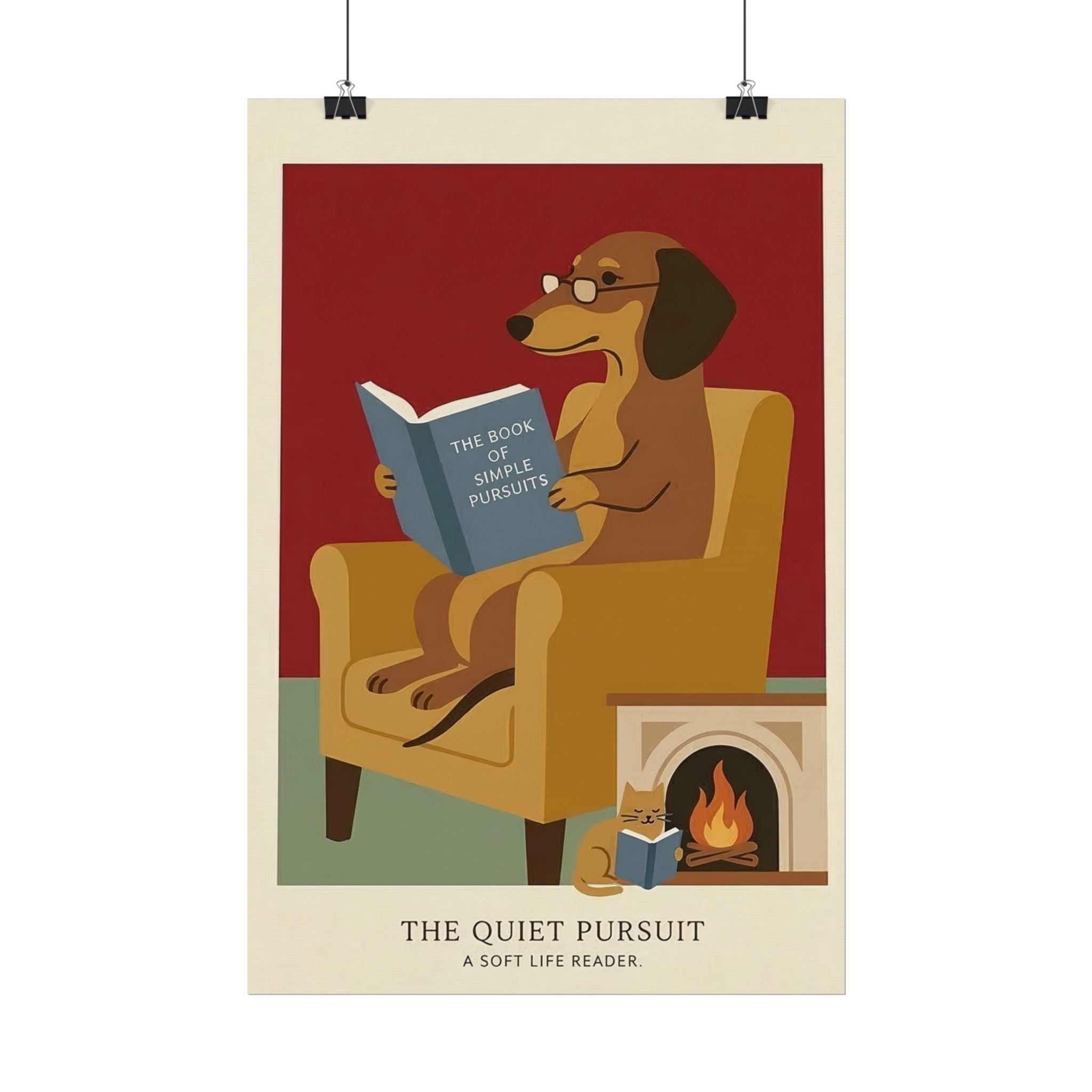 The Quiet Pursuit Reading Dog Rolled Poster | Booklover Wall Art, Fireplace Illustration