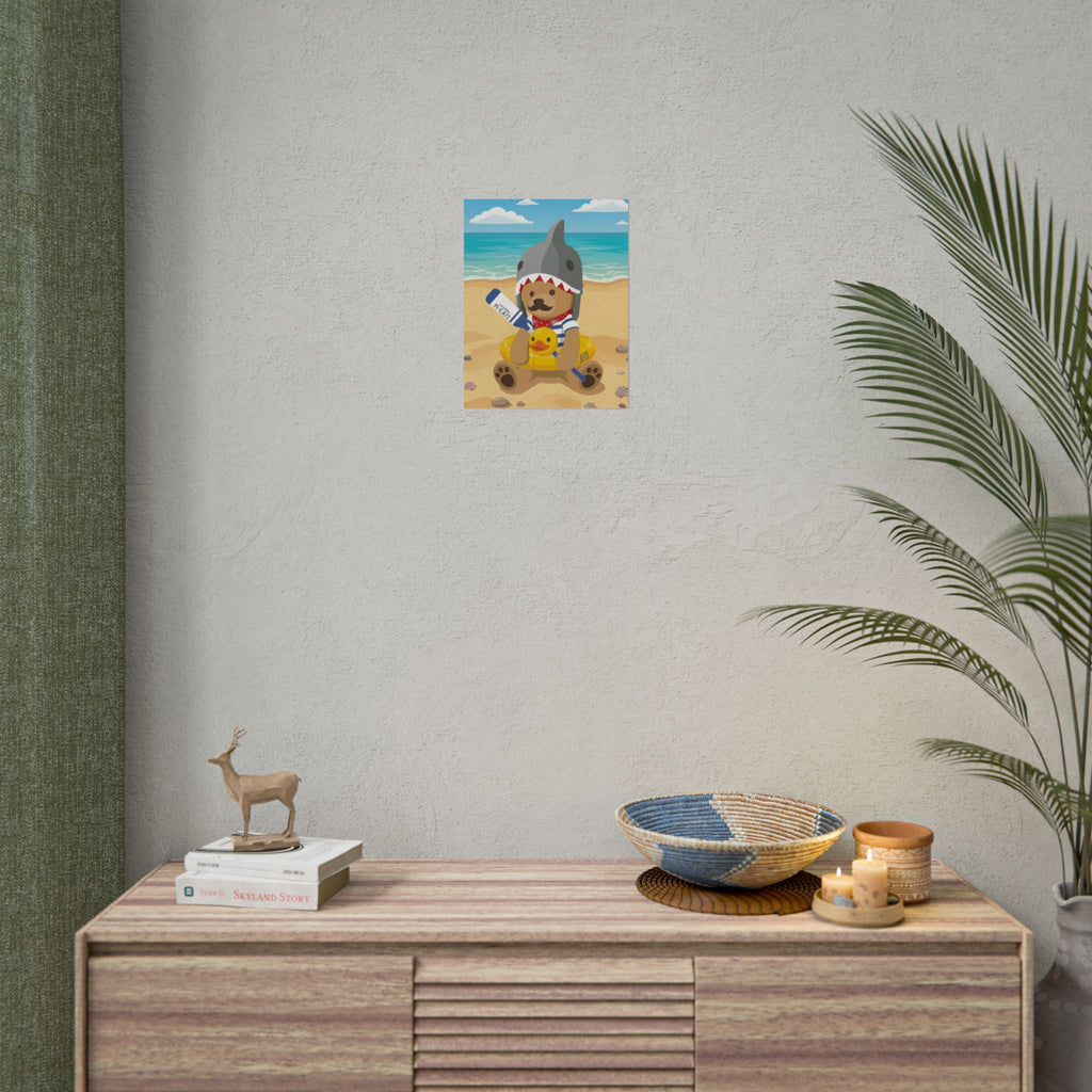 Bear in Shark Hat and ducky lifebuoy Beach Poster | Rolled Poster, Cute Summer Animal Wall Art