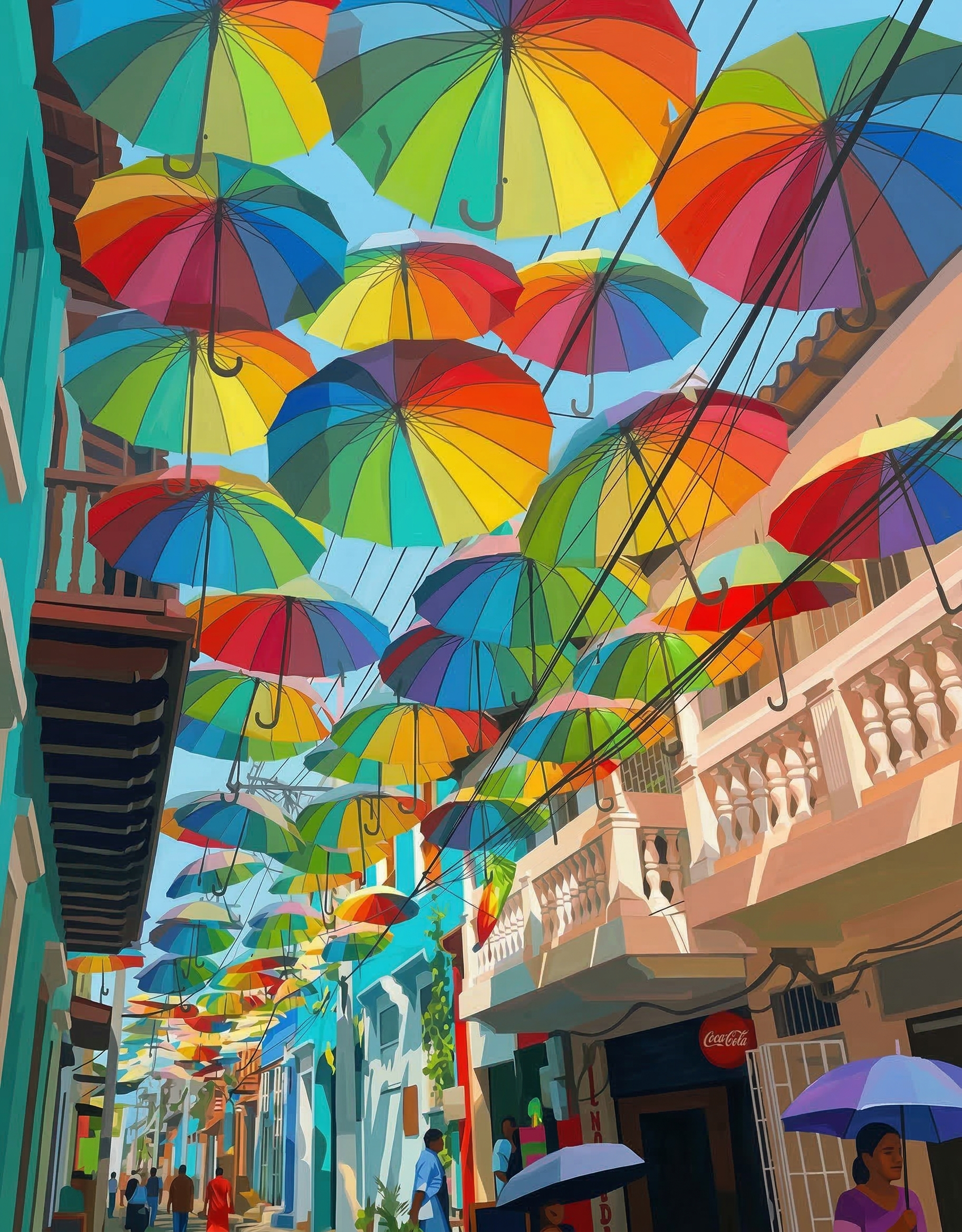 Colorful Hanging Umbrellas Rolled Poster | Rainbow Street Art Print