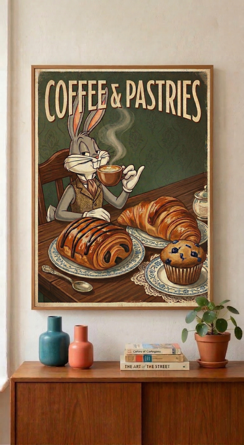 Coffee & Pastries Bugs Bunny Rabbit Rolled Poster | Vintage Bunny Cafe Wall Art