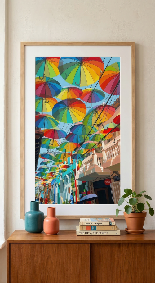Framed artwork of colorful umbrellas on a wall above a wooden cabinet with books and decor items.