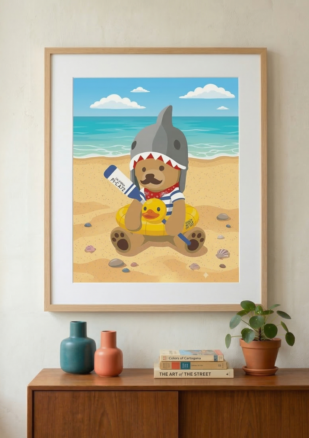 Bear in Shark Hat and ducky lifebuoy Beach Poster | Rolled Poster, Cute Summer Animal Wall Art
