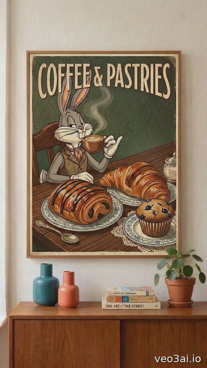 Coffee & Pastries Bugs Bunny Rabbit Rolled Poster | Vintage Bunny Cafe Wall Art