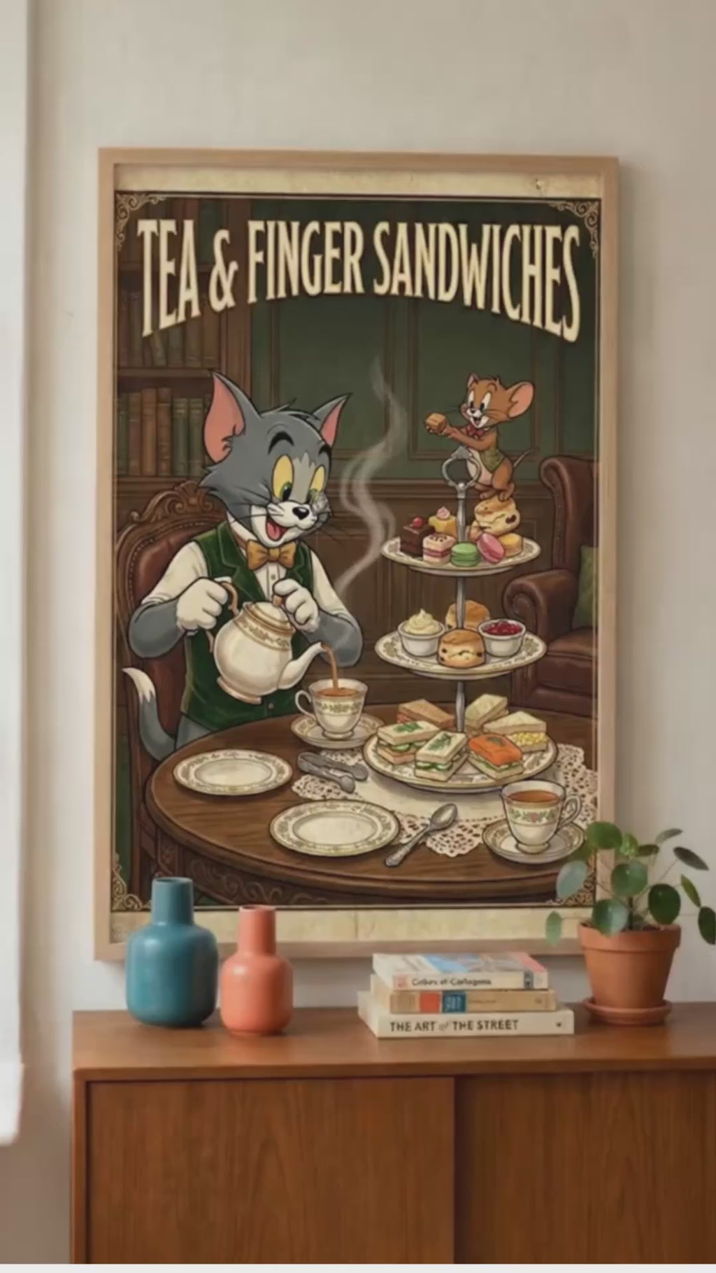 Cat & Mouse Tea and Finger Sandwiches Poster | Vintage Cartoon Tea Party Wall Art