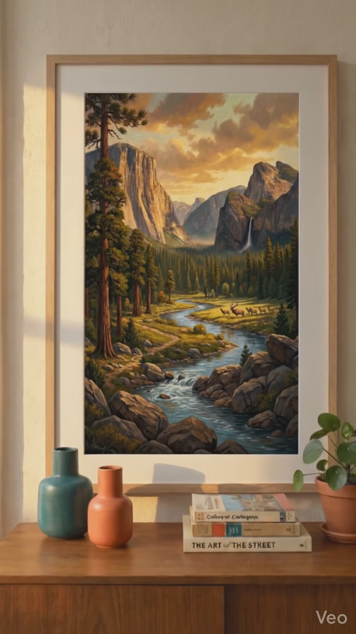 Yosemite Majestic Mountain Valley Poster | Rolled Wall Art, River Landscape Print