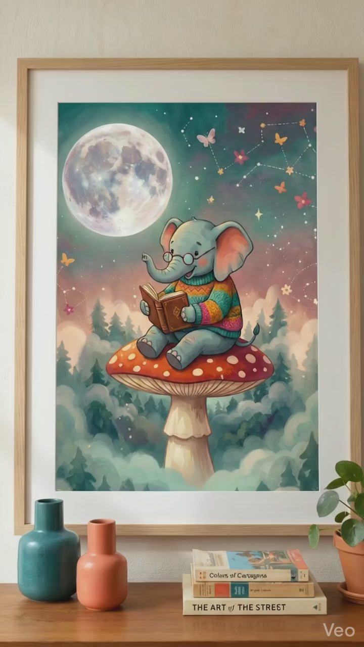 Elephant Reading on Mushroom Rolled Posters | Whimsical Night Sky Illustration