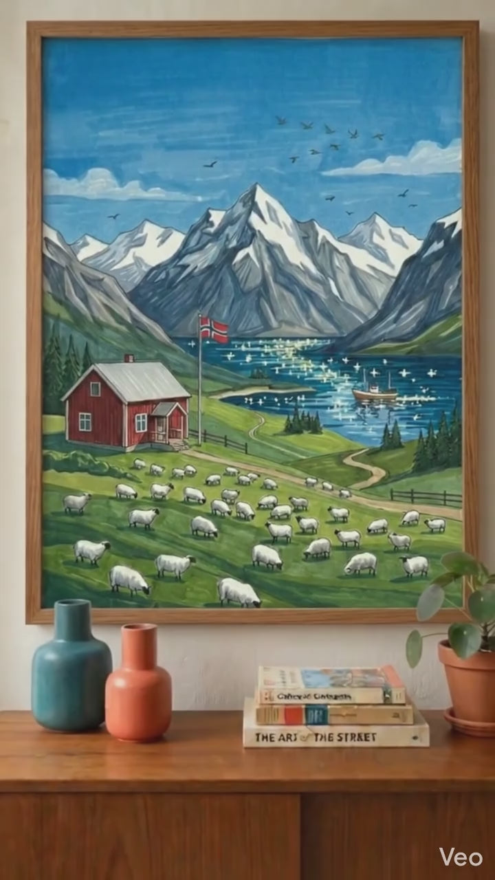 Norwegian Fjord Sheep Pasture Rolled Poster | Mountain Lake Landscape