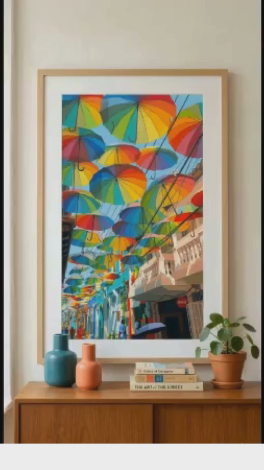 Colorful Hanging Umbrellas Rolled Poster | Rainbow Street Art Print