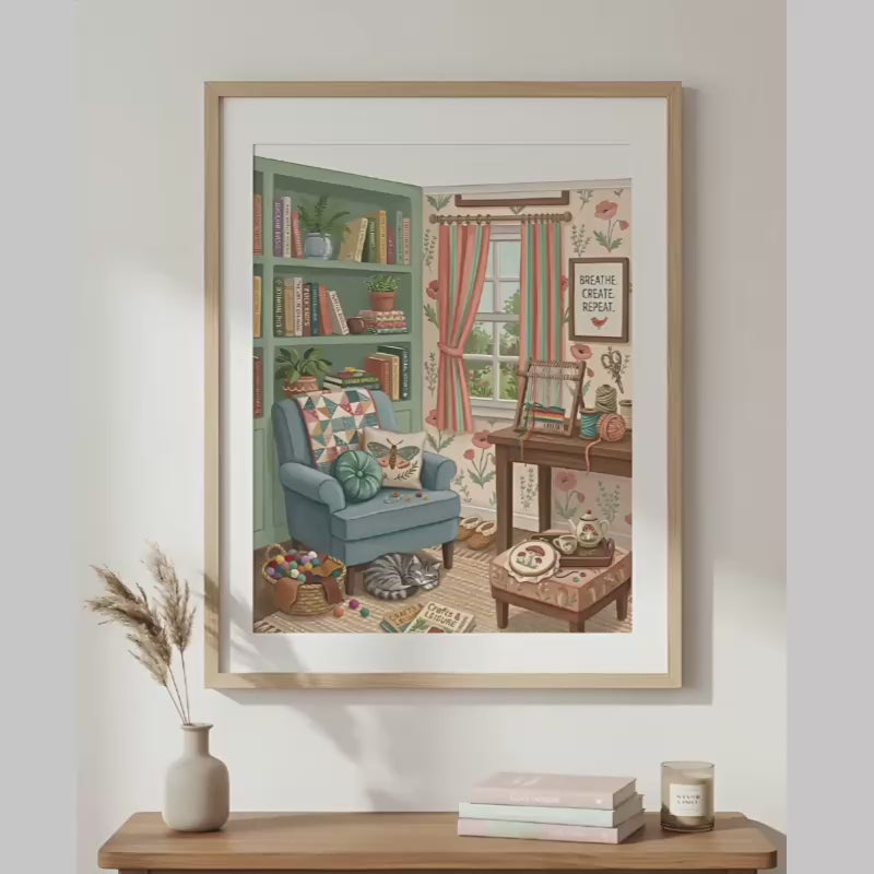 Homely Knitting Nook Poster Rolled Posters | Cat, Armchair, Bookshelf