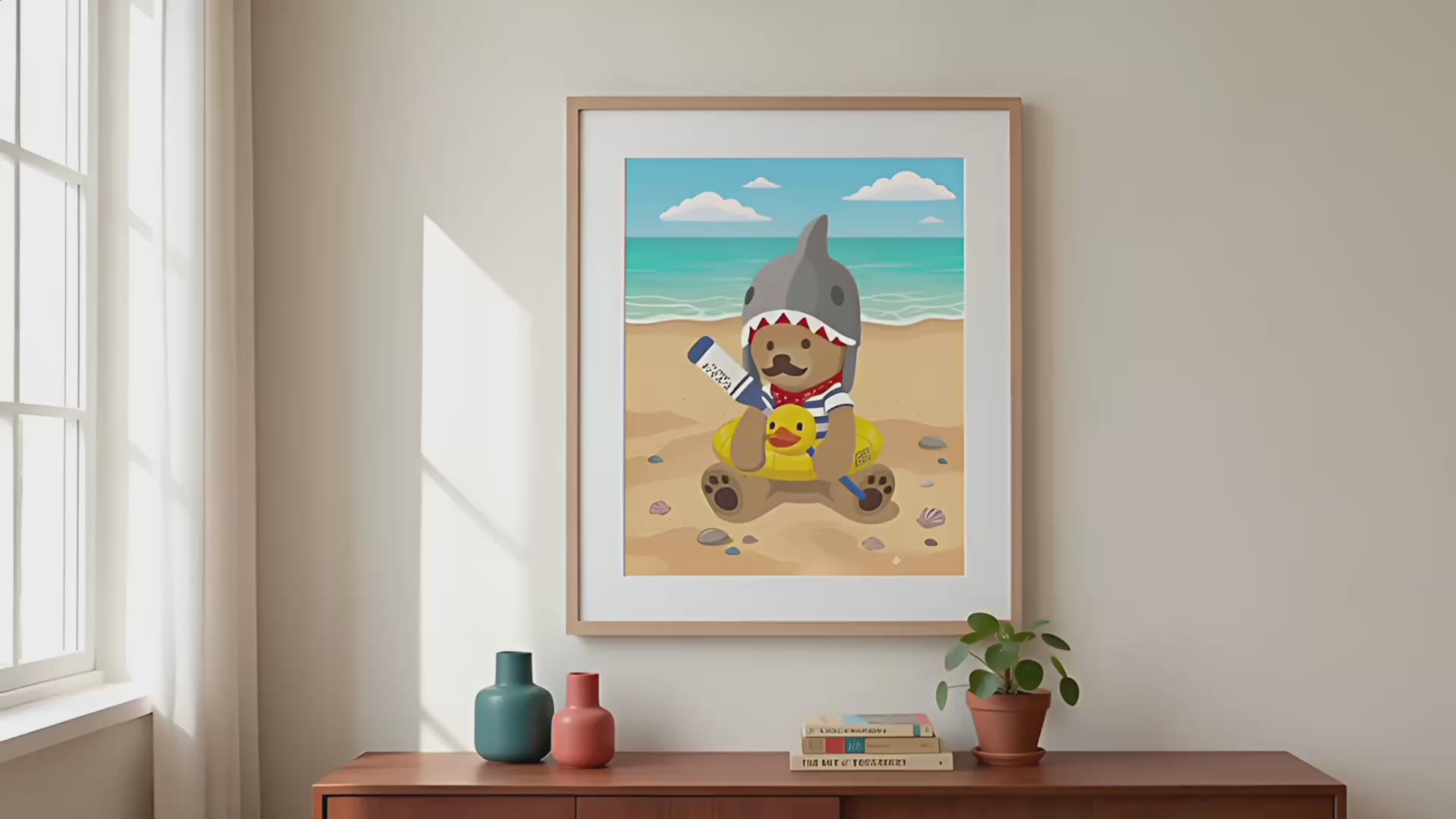 Bear in Shark Hat and ducky lifebuoy Beach Poster | Rolled Poster, Cute Summer Animal Wall Art