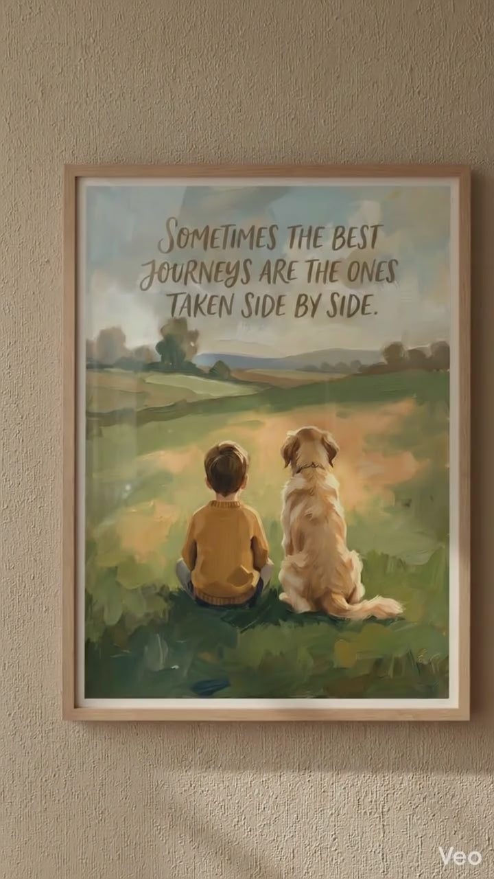 Boy and Dog Watching Sunset Rolled Poster | Minimalistic acrylic art poster