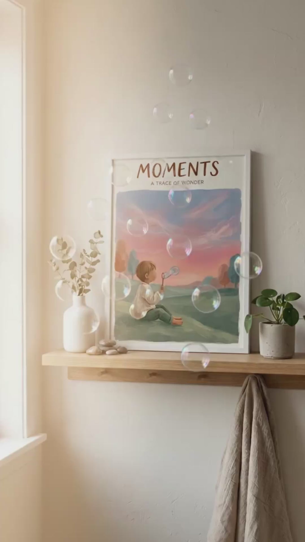 Moments A Trace of Wonder poster Rolled Poster | Child blowing bubbles illustration