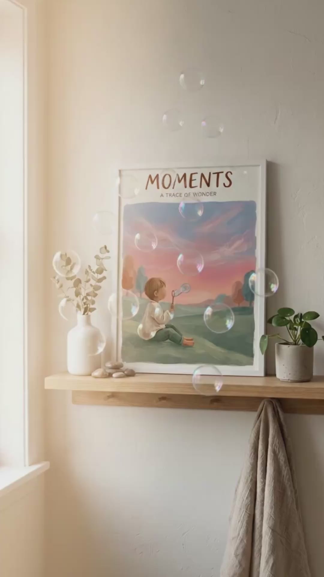 Moments A Trace of Wonder poster Rolled Poster | Child blowing bubbles illustration